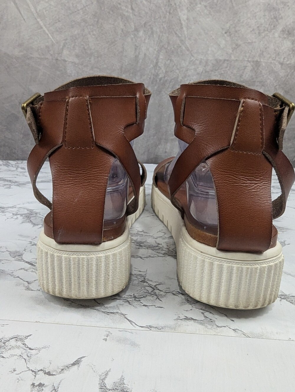 BKE Sole Brown Leather Ankle Strap Platform Sandals Women's Size 8 - Picture 4 of 11